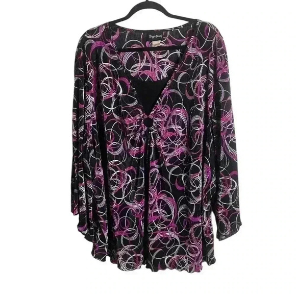 Maggie Barns 3X Blouse Geometric Print Pink Black Fairy Rave Stretchy Accordion - Picture 1 of 7